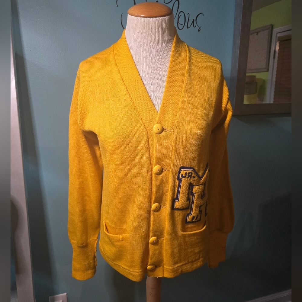 Yellow Wool Vintage Varsity Cardigan with Patch